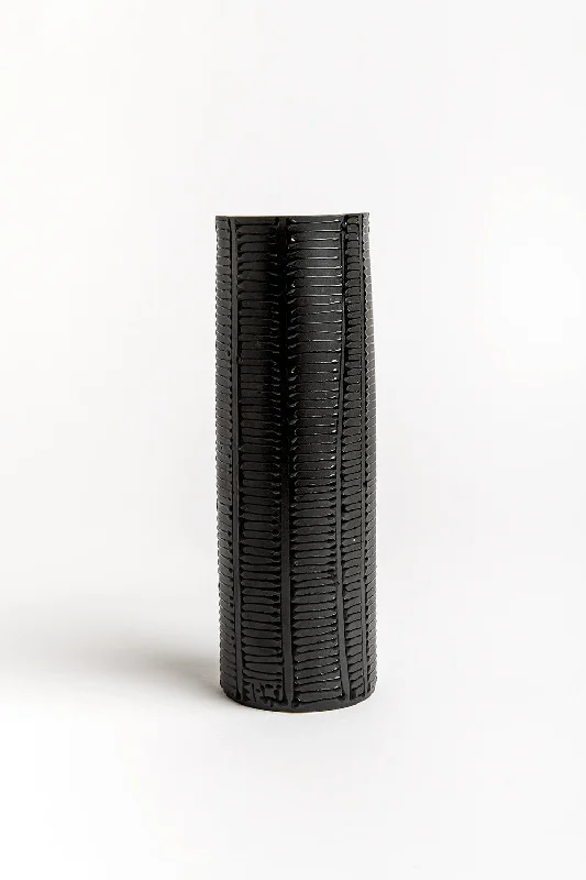 Cylinder Vase | Black with Black Ladder Stripes