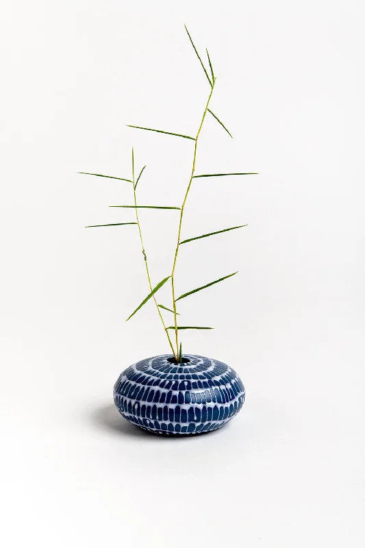 Flat Mini Vase | Morocco Blue with White Ladder Stripes