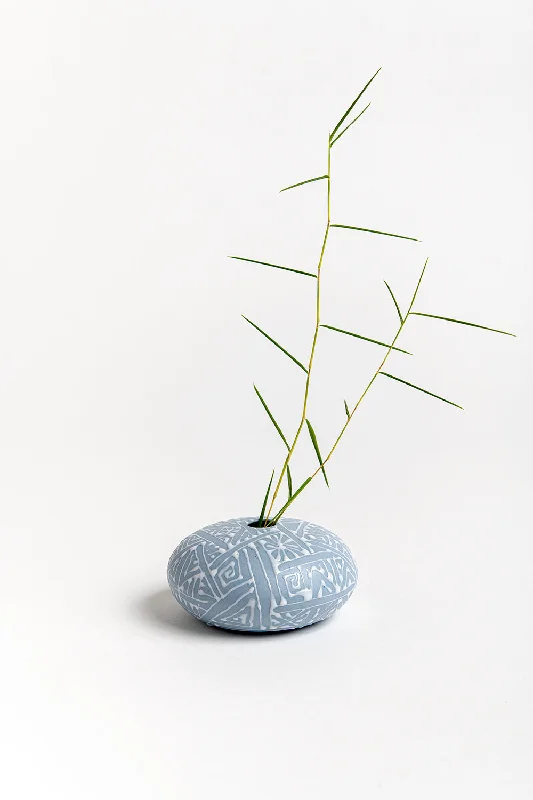 Flat Mini Vase | Sky Blue with White Oriental