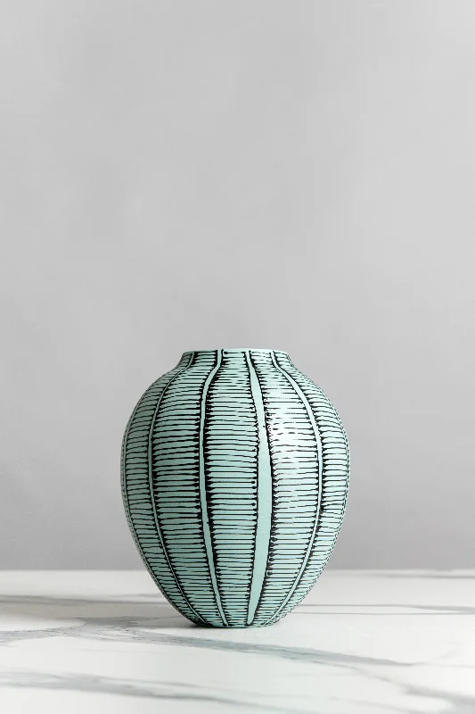 Grande Round Vase | Turquoise with Black Ladder Stripes