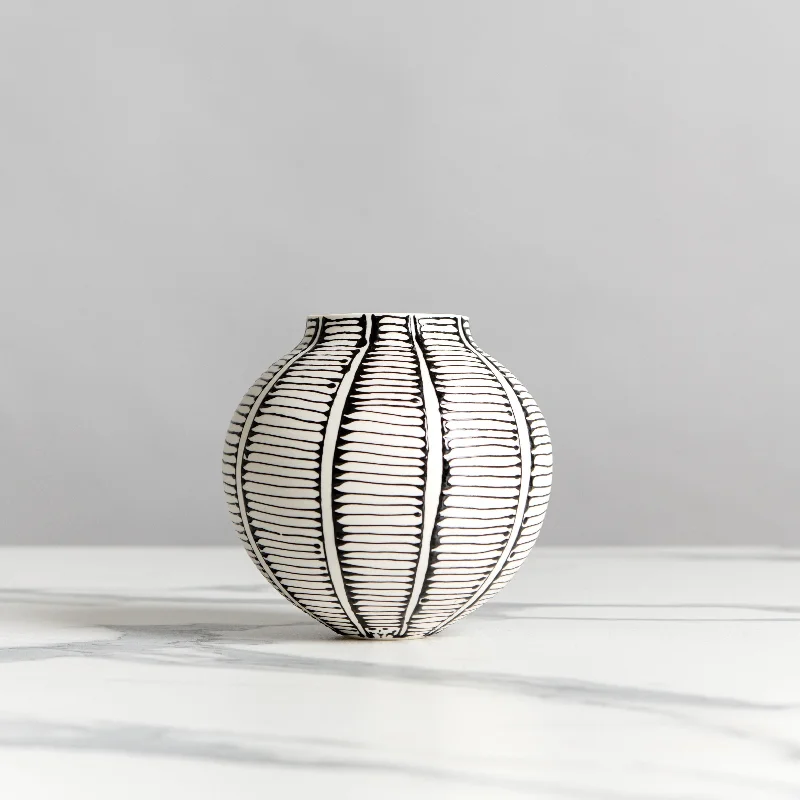 Petite Round Vase | White with Black Ladder Stripes