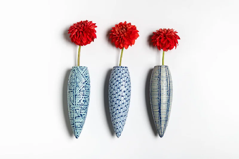 Set of 3 Wall Hanging Vase  (Same Size) |  with Blue patterns