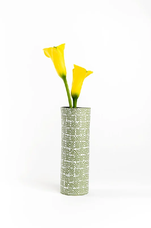 Cylinder Vase | Olive Green with White diamonds