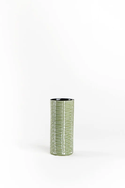 Cylinder Vase | Olive Green with White Ladder Stripes