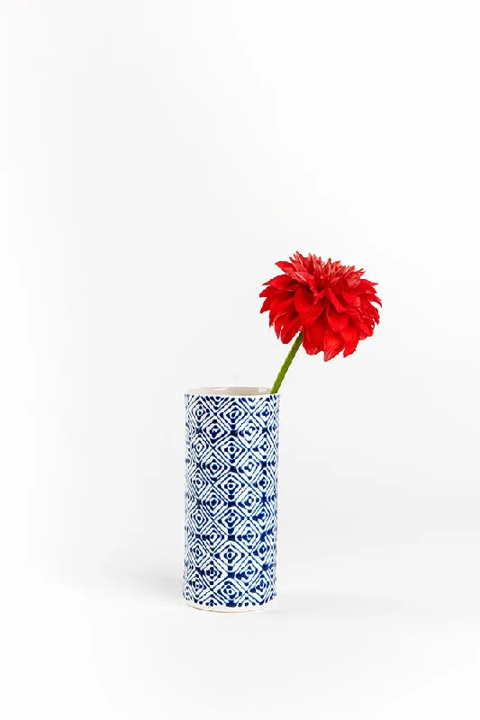 Cylinder Vase | White with Blue diamonds