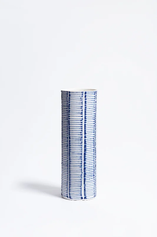 Cylinder Vase | White with Blue Ladder Stripes