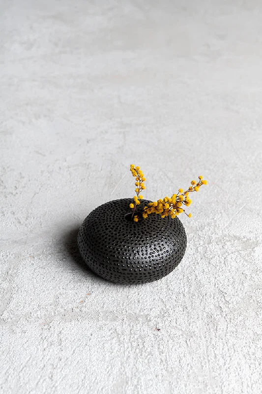 Flat Mini Vase | Black with Black Dots