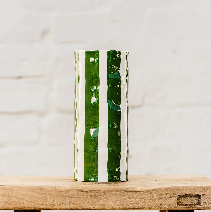 Medium Green Stripe Ceramic Vase