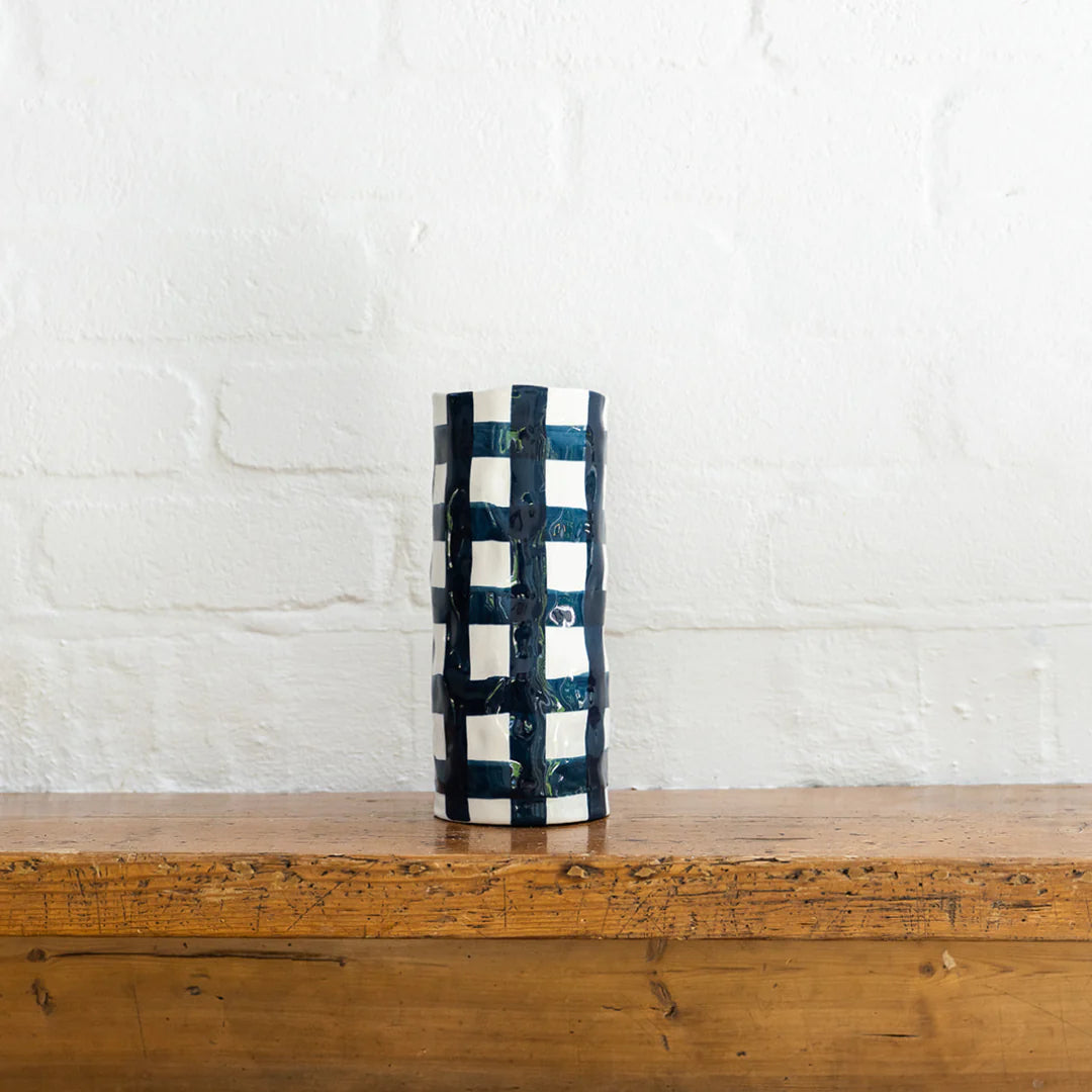 Medium Navy Gingham Ceramic Vase