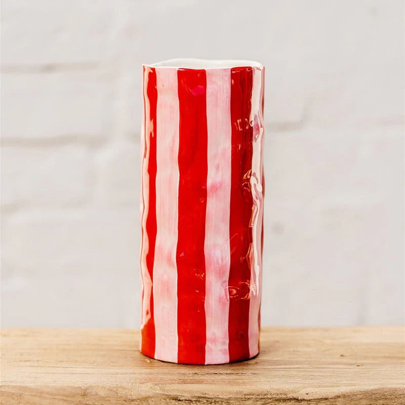 Medium Red and Pink Stripe Ceramic Vase