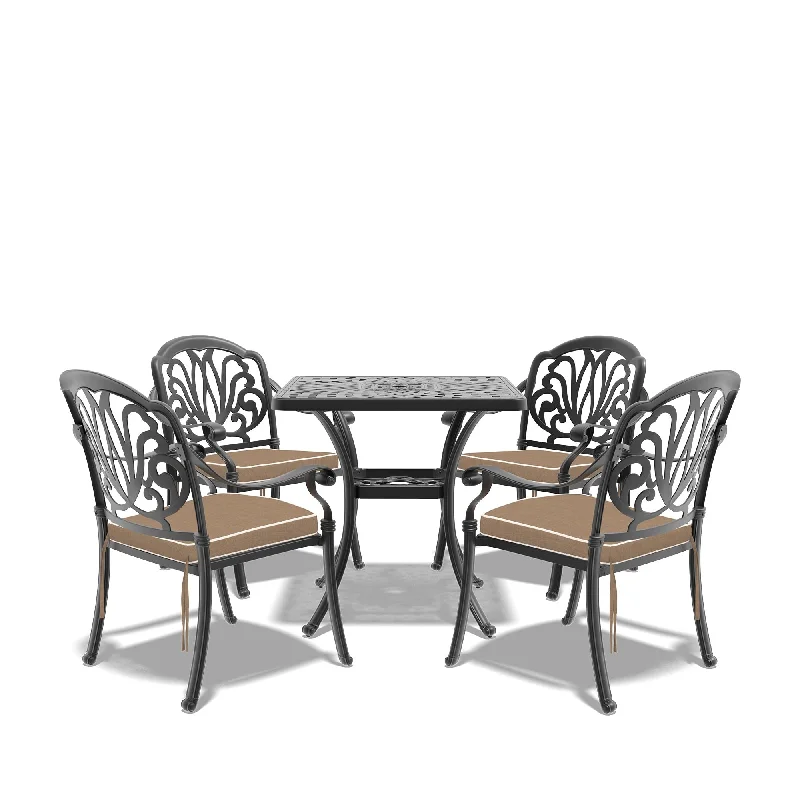 3/5-Piece Cast Aluminum Outdoor Dining Set with 30.71 in. Square Table and Random Color Cushions