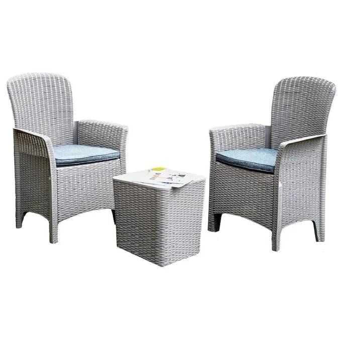 3-Piece Indoor Outdoor Patio Furniture Plastic Wicker Dining Set with Coffee Table and Soft Luxury Cushions - Grey