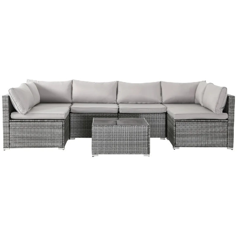 7-Piece Grey Outdoor Rattan Furniture Sets with 6 Sofas, 1 Coffee Table & Cushions