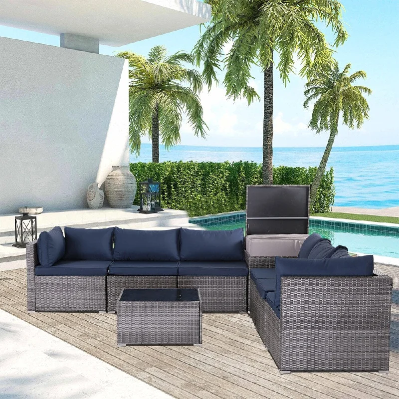 8-Piece Grey&Navy Blue Outdoor Rattan Furniture Sets with 6 Sofas, 1 Coffee Table, Storage Box & Cushions