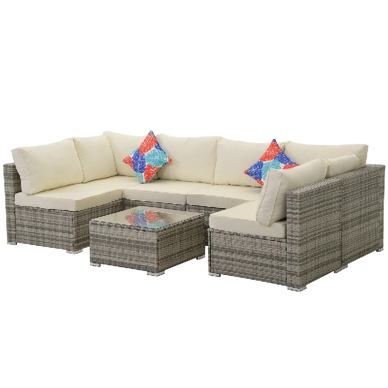 Grey & White 7-Piece Outdoor Rattan Furniture Sets with 6 Sofas, 1 Coffee Table & Cushions