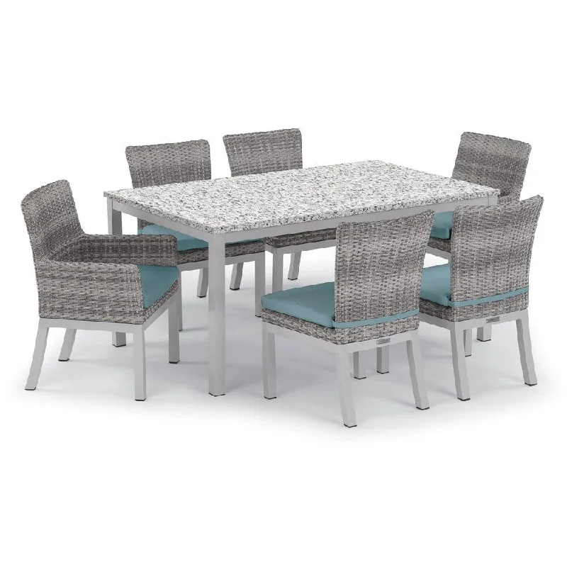 Oxford Garden Travira 7-piece 63-in x 40-in Lite-Core Table & Argento Resin Wicker Arm & Side Chair Set - Ice Blue Cushions