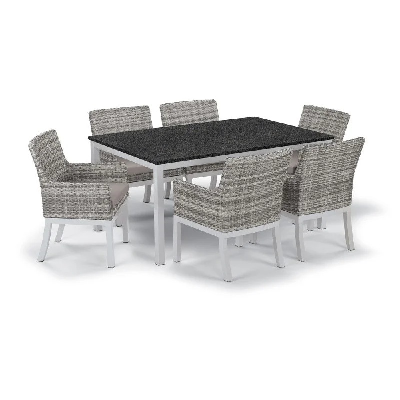 Oxford Garden Travira 7-Piece Dining Set with 63-in x 40-in Lite-Core Charcoal Table, Argento Wicker with Stone Cushion