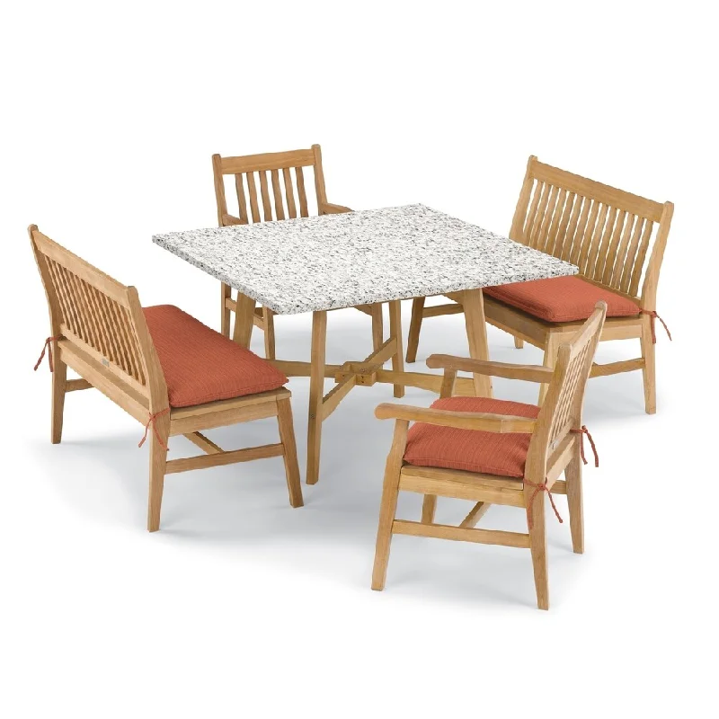 Oxford Garden Wexford 5-piece Lite-Core Ash Table, Shorea Natural Chair and Bench Dining Set - Dupione Papaya Cushions