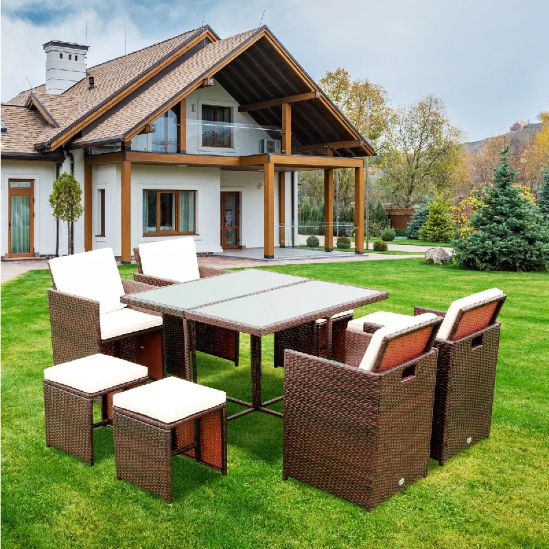 Wicker Rattan 9 Pieces Outdoor Patio Cushioned Dining Set