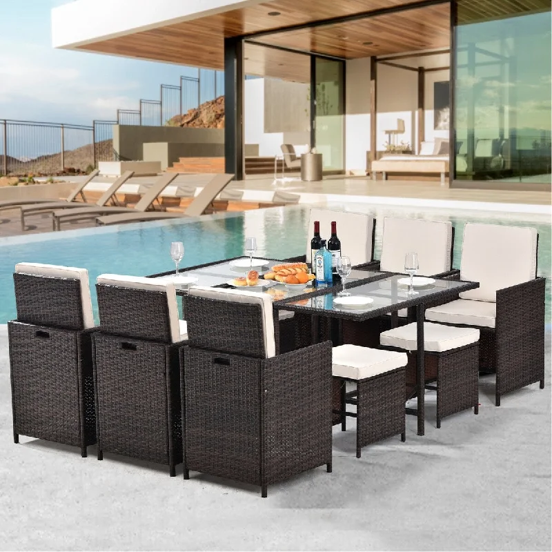 11 Piece Cushioned PE Rattan Wicker Dining Set with 1 Table,6 Chairs and 4 Ottoman - N/A