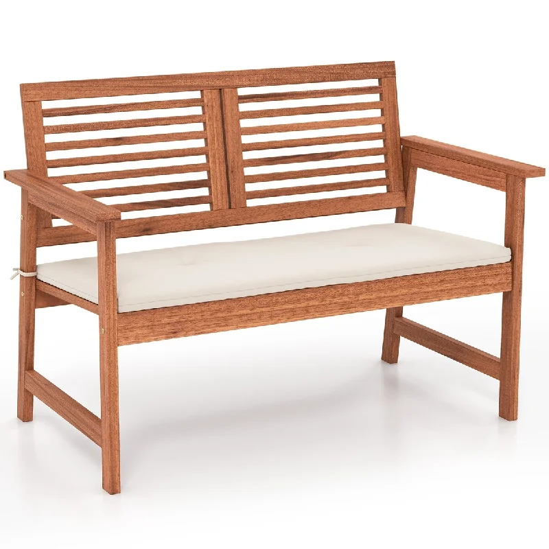 2-Person Solid Wood Patio Bench with Backrest and Cushion - 43.5" x 24.5" x 32"