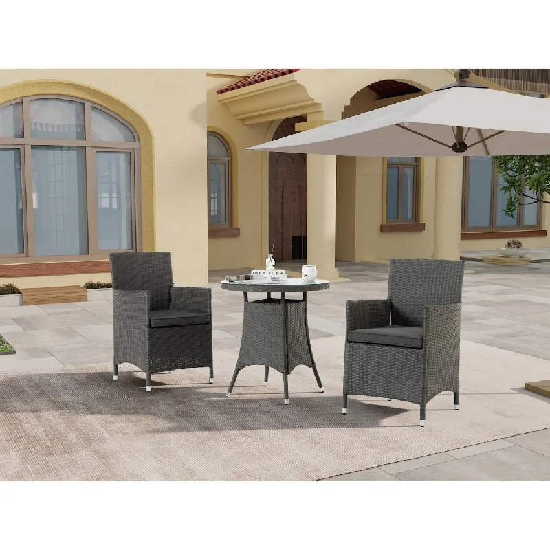 3 Piece All-Weather Wicker Patio Outdoor Dining Set with Cushions,Round Tempered Glass Tabletop with Umbrella Cutout