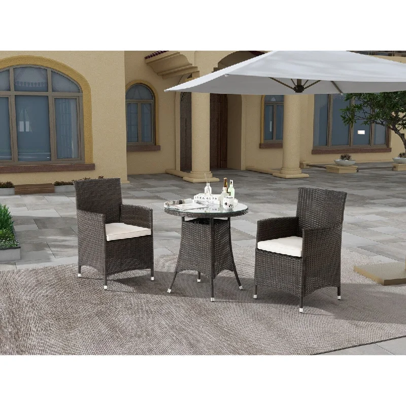 3 Piece All-Weather Wicker Patio Outdoor Dining Set with Cushions,Round Tempered Glass Tabletop with Umbrella Cutout