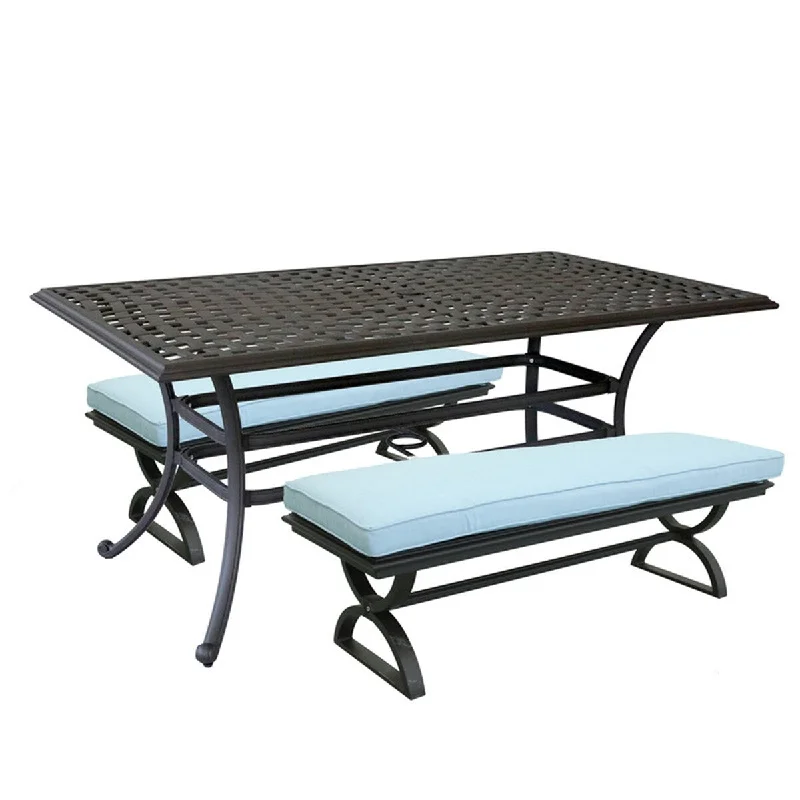 3 Piece Patio Aluminum Dining Set with Rectangle Table and 2 Cushioned Benches - N/A