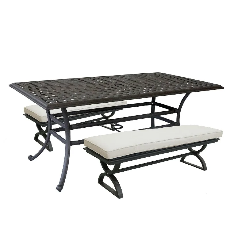 3 Piece Patio Aluminum Dining Set with Rectangle Table and 2 Cushioned Benches - N/A