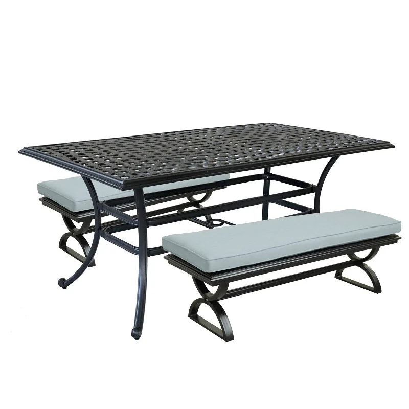 3 Piece Patio Aluminum Dining Set with Rectangle Table and 2 Cushioned Benches - N/A