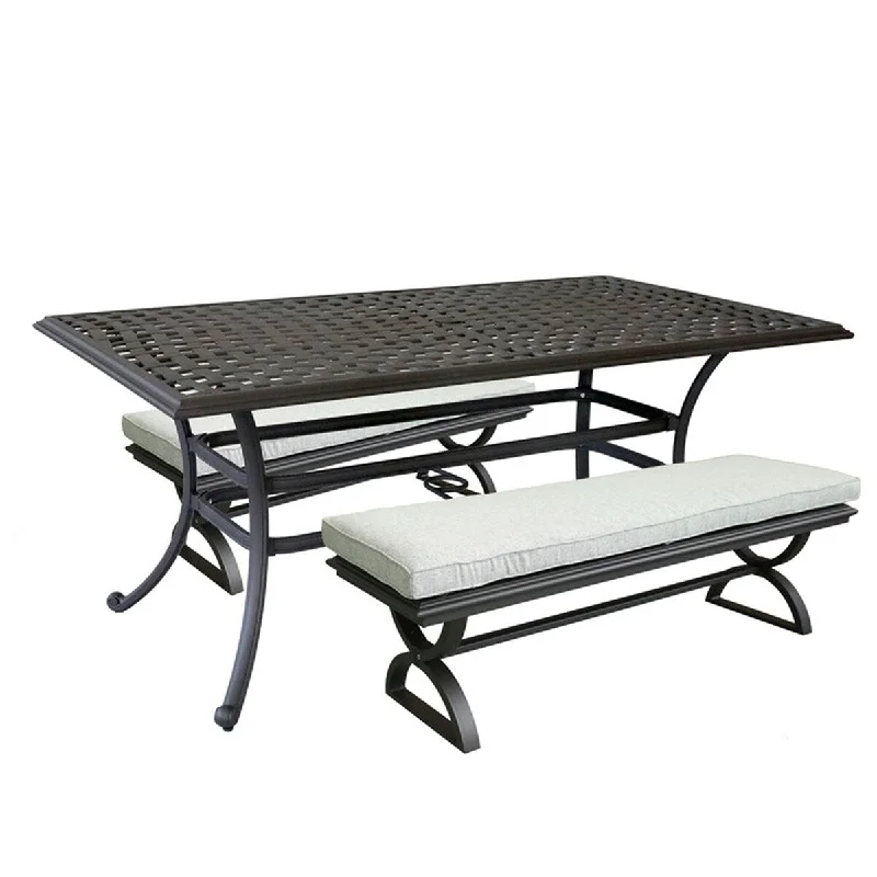 3 Piece Patio Aluminum Dining Set with Rectangle Table and 2 Cushioned Benches - N/A