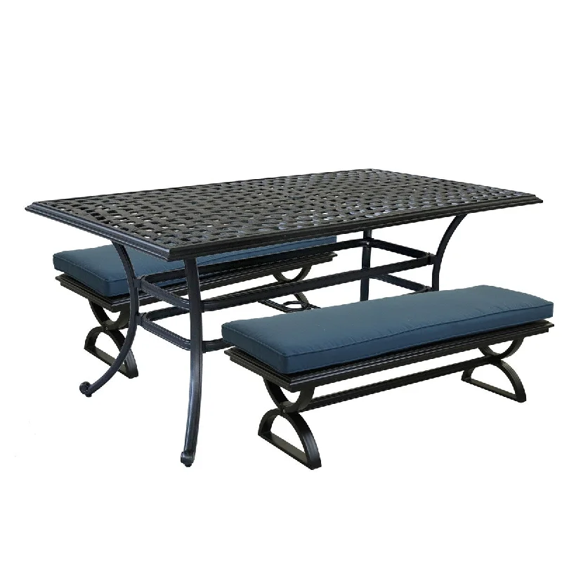 3 Piece Patio Aluminum Dining Set with Rectangle Table and 2 Cushioned Benches - N/A