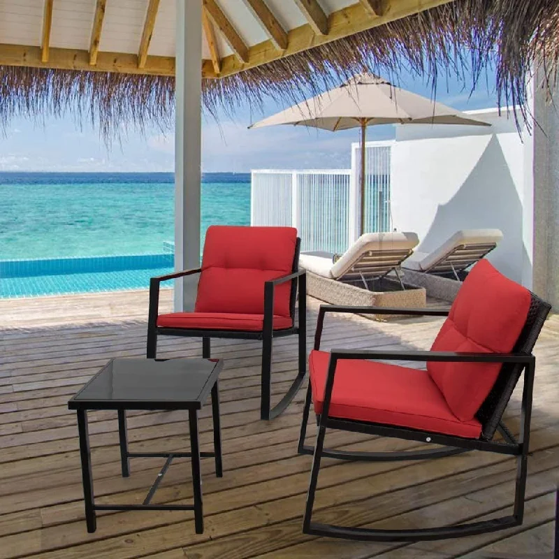 3 Pieces Outdoor Bistro Set Rocking Wicker Chair Sets Cushioned PE Rattan Rocking Chairs with Glass Coffee Table, Red