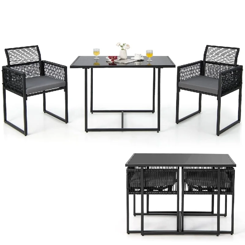 3 Pieces Outdoor Dining Set, Patio Rattan Chair Table Set with Backrest, Seat Cushions, Tempered Glass Tabletop