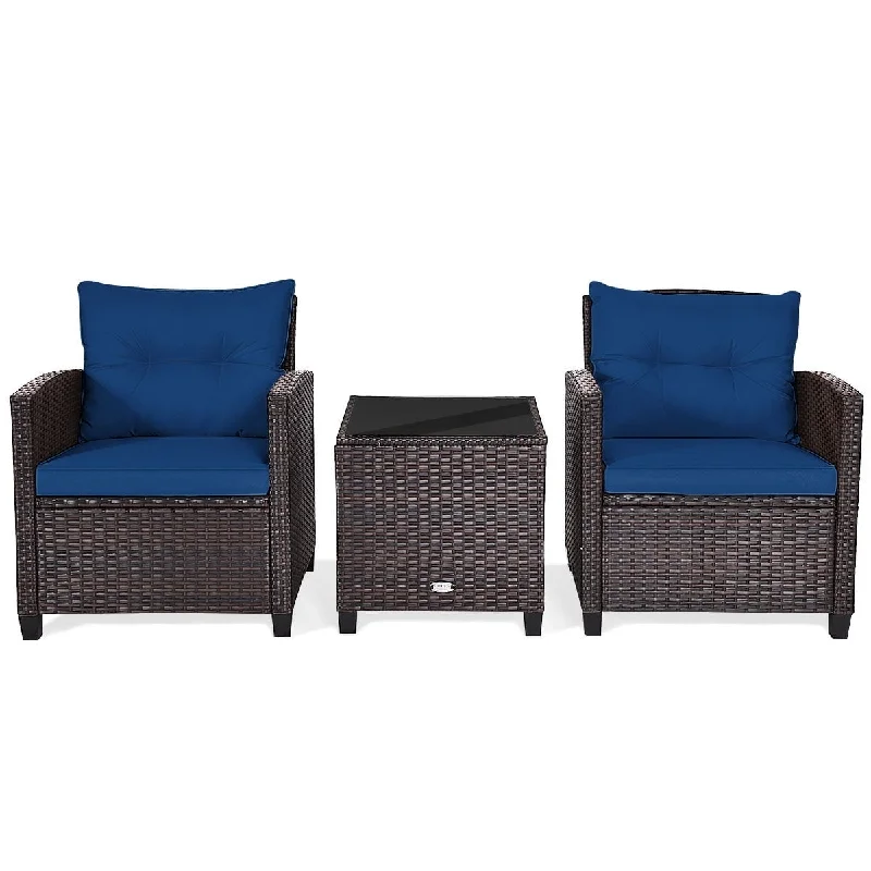 3 Pieces Wicker Cushioned Conversation Set Outdoor Rattan Furniture with Navy Cushions