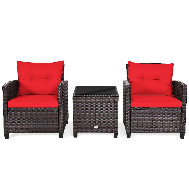 3 Pieces Wicker Cushioned Conversation Set Outdoor Rattan Furniture with Red Cushions