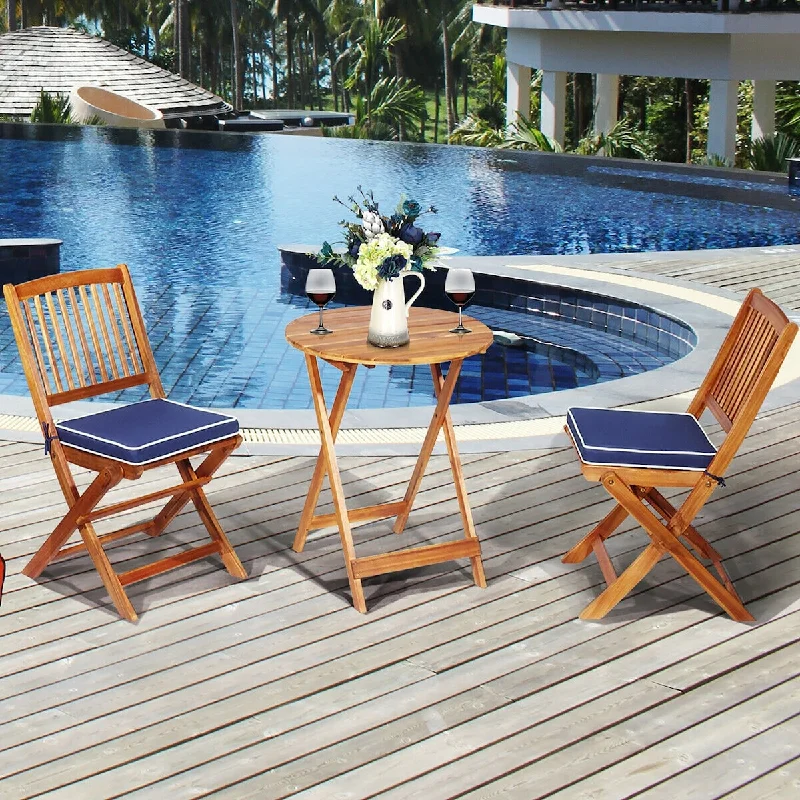 3PCS Patio Folding Wooden Bistro Set Cushioned Chair Conversation Navy Blue Cushion