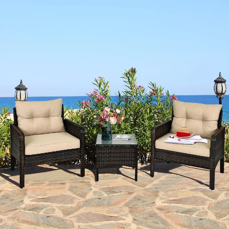 3PCS Patio Outdoor Rattan Furniture Set Brown w/ Cushioned Chairs Coffee Table