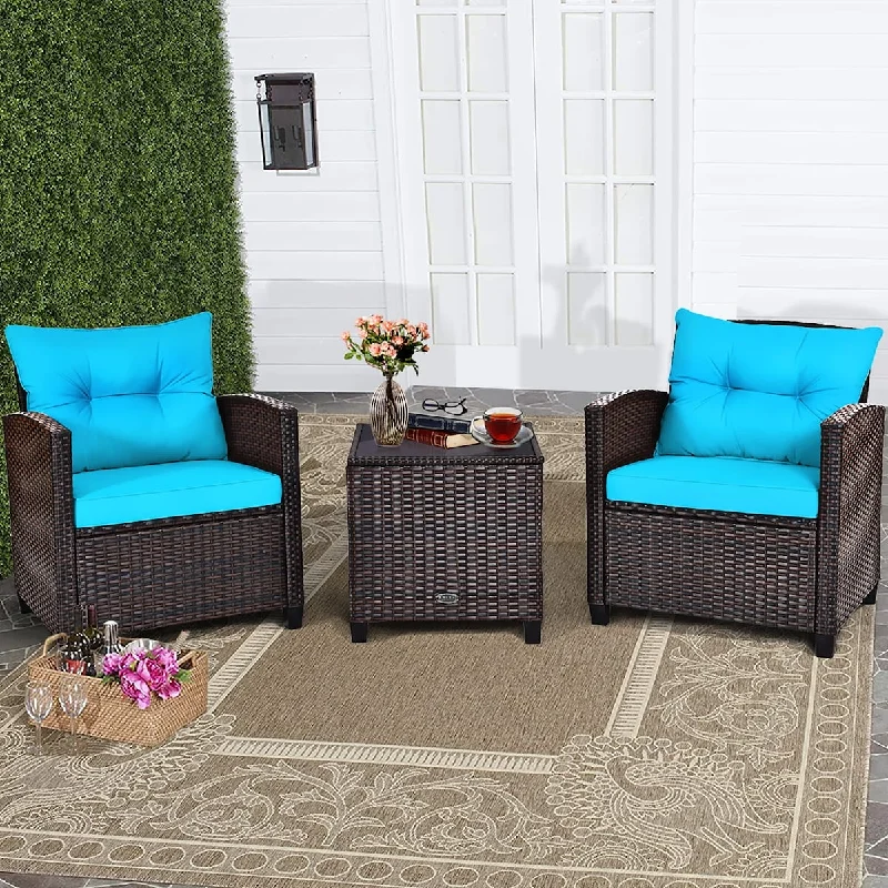 3PCS Patio Rattan Furniture Set Cushioned Conversation Set Sofa Turquoise