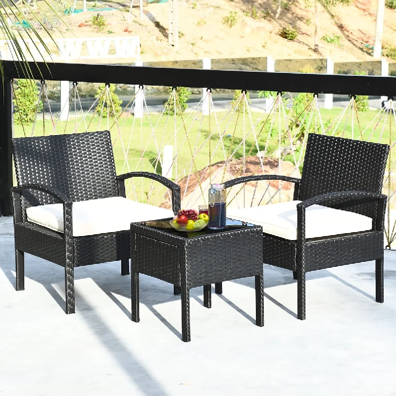 3PCS Patio Rattan Furniture Set Table & Chairs Set with Cushions Outdoor