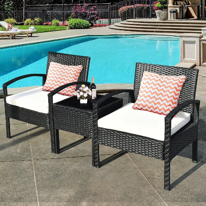 3PCS Patio Rattan Furniture Set Table & Chairs Set with Thick Cushions Garden