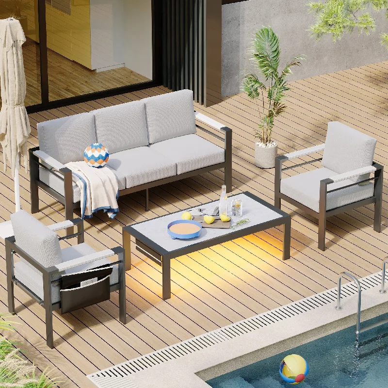 4-Piece 5 Seat Aluminum Patio Conversation Set with Cushions LED Coffee Table and Sofa