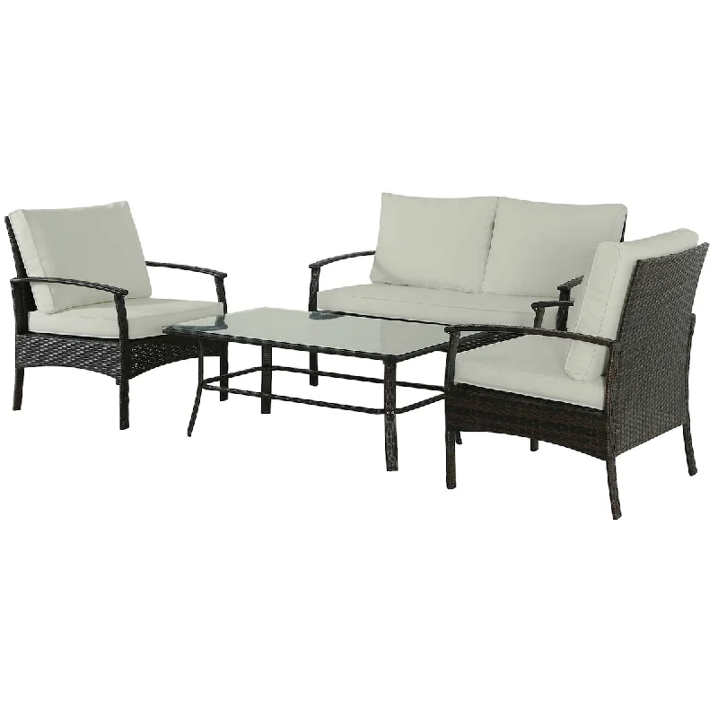 4-Piece Outdoor Rattan Furniture Sets with 3 Sofas, 1 Coffee Table & Cushions