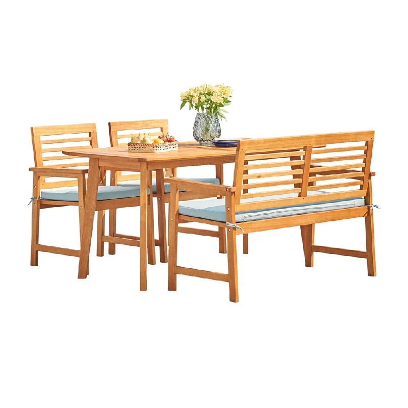 4-Piece Slatted Eucalyptus Wood Patio Dining Set with Bench and Cushion