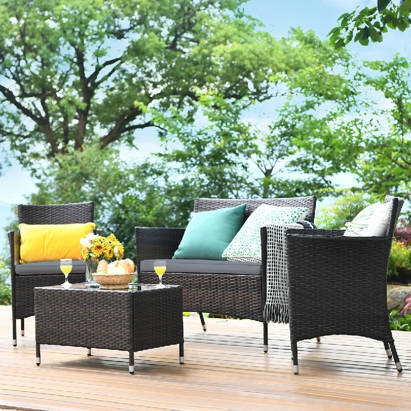 4PCS Patio Rattan Conversation Furniture Set Outdoor w/ Gray Cushion