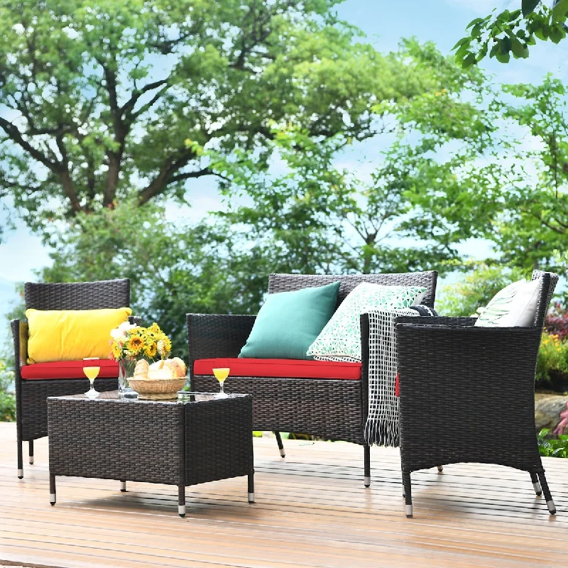 4PCS Patio Rattan Conversation Furniture Set Outdoor w/ Red Cushion