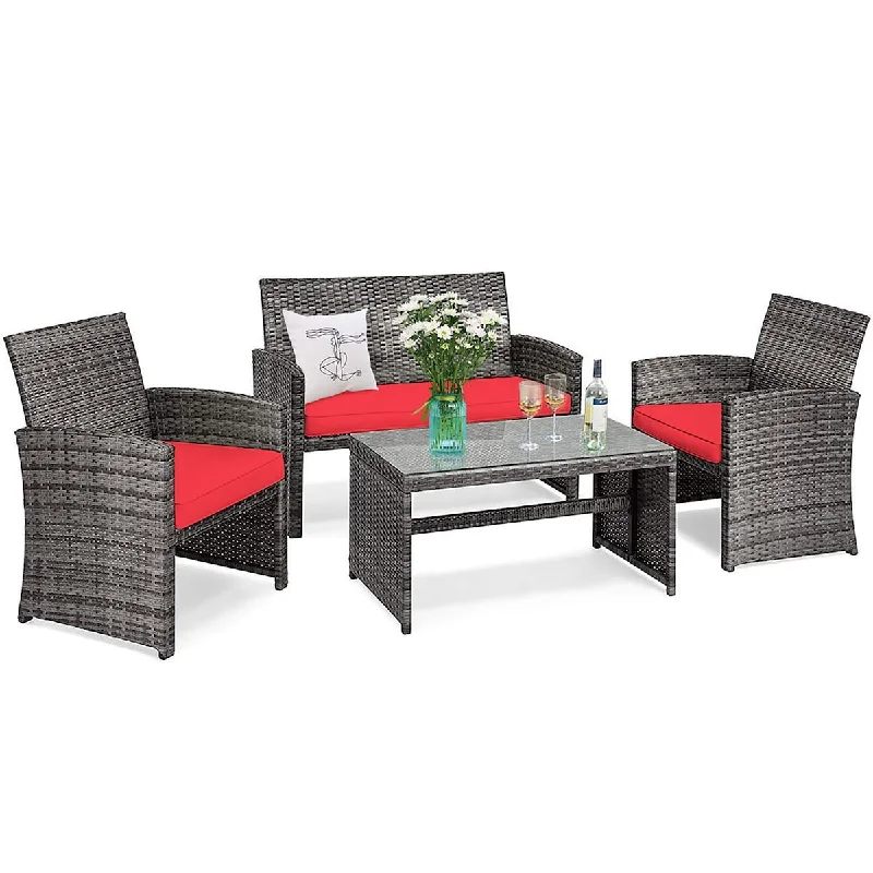 4PCS Patio Rattan Conversation Glass Table Top Cushioned Sofa Red