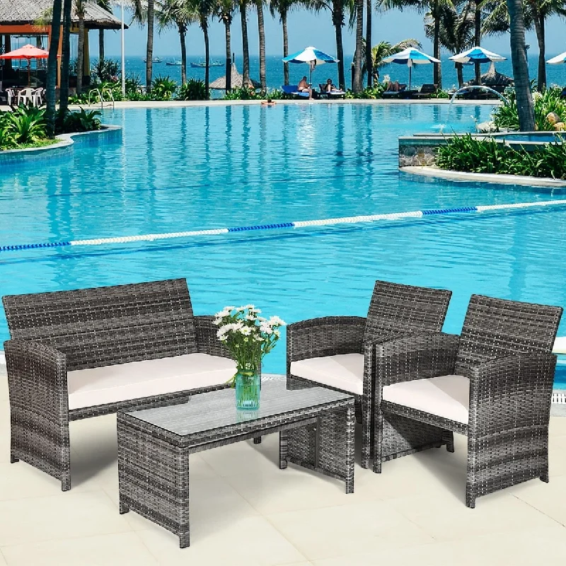 4PCS Patio Rattan Furniture Set Conversation Glass Table Top Cushioned Sofa White