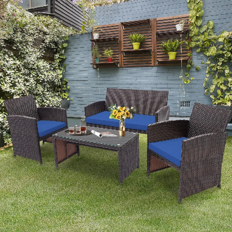 4PCS Patio Rattan Furniture Set Cushioned Chair Sofa Coffee Table Navy