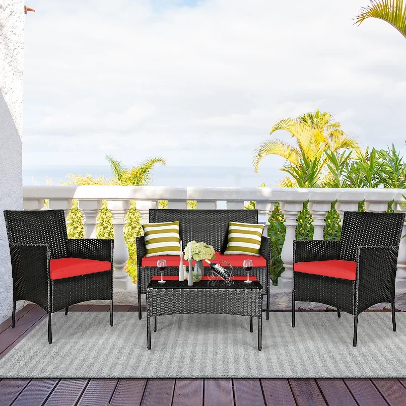 4PCS Patio Rattan Furniture Set Cushioned Sofa Coffee Table Backyard Porch Red